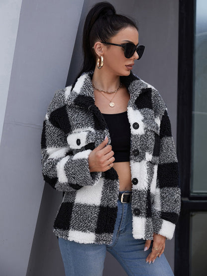 DressBetty - Plush Plaid Flap Pocket Coat
