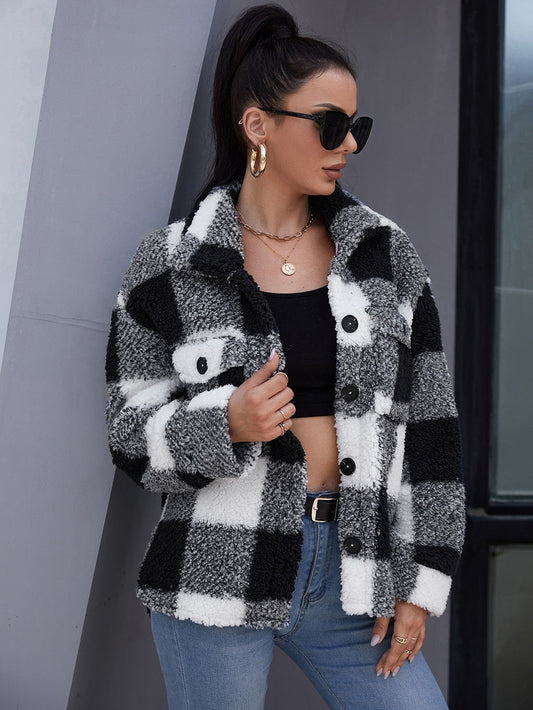 DressBetty - Plush Plaid Flap Pocket Coat