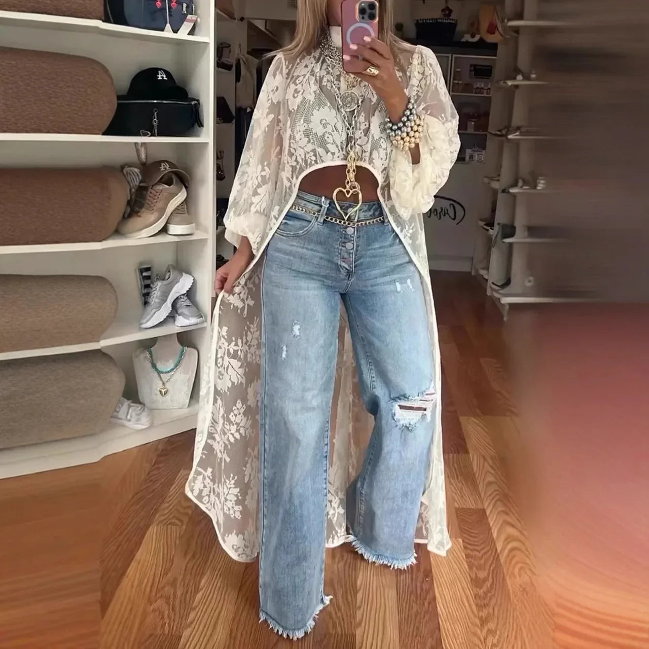 Lace Floral High Neck Puff Sleeve Blouse