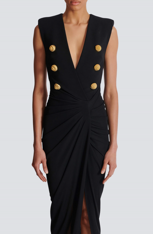 Sedzi Deep-V Sleeveless Ruched Slit Maxi Dress