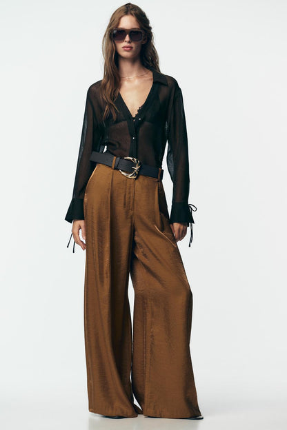 Leopard Pattern Bodysuit & Satin Wide Leg Pants