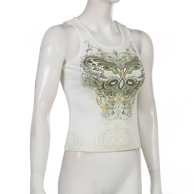 DressBetty - Slim Knitted Vest White Sleeveless O Neck Butterfly Vintage Print Tank Crop Tops