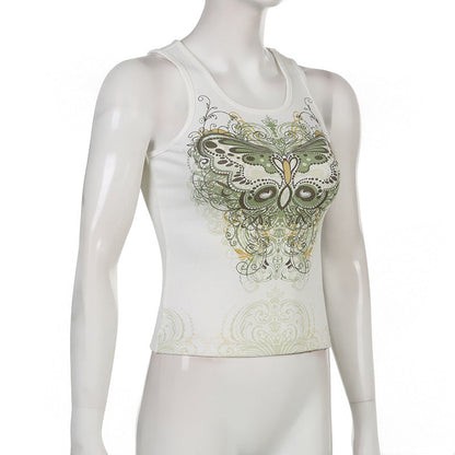 DressBetty - Slim Knitted Vest White Sleeveless O Neck Butterfly Vintage Print Tank Crop Tops