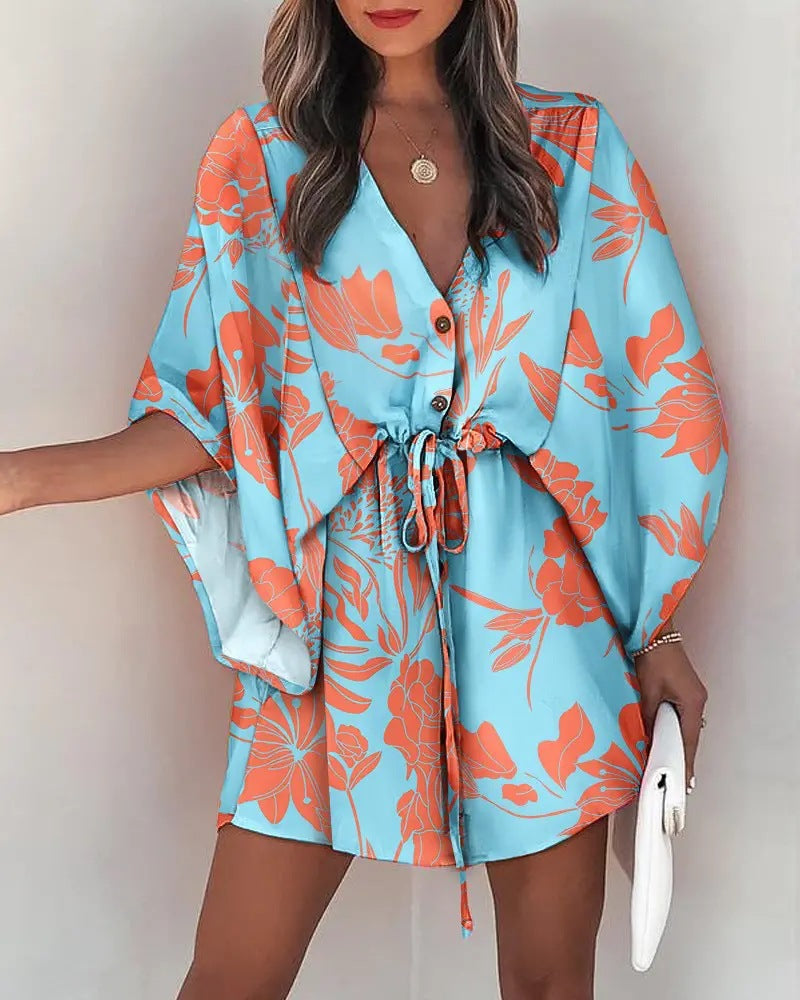 DressBetty - Casual Flora Print Batwing Sleeve Lace-Up Dress