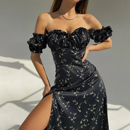 DressBetty - 2024 Elegant Summer V-neck Puff Sleeve Beach Floral Dress