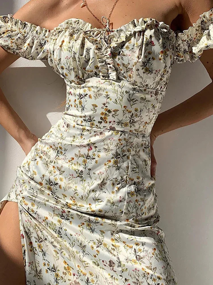 DressBetty - 2024 Elegant Summer V-neck Puff Sleeve Beach Floral Dress