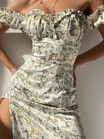 DressBetty - 2024 Elegant Summer V-neck Puff Sleeve Beach Floral Dress