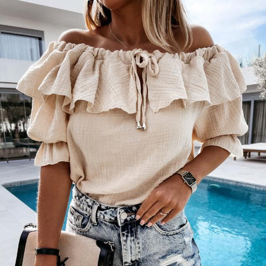 DressBetty - Sexy Off Shoulder Ruffles Women Blouse Shirts Color Lace-Up Tops Pullovers Casual Loose Blusa