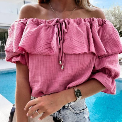 DressBetty - Sexy Off Shoulder Ruffles Women Blouse Shirts Color Lace-Up Tops Pullovers Casual Loose Blusa