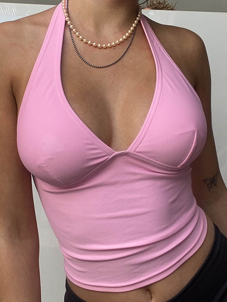 DressBetty - V Neck Halter Off Shoulder Crop Top