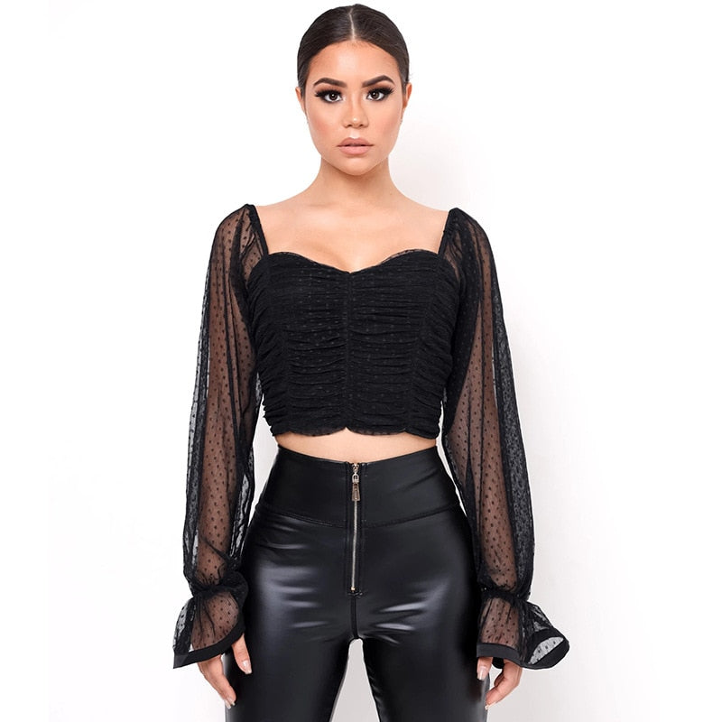 DressBetty - Polka Dots Mesh Chiffon Crop Top