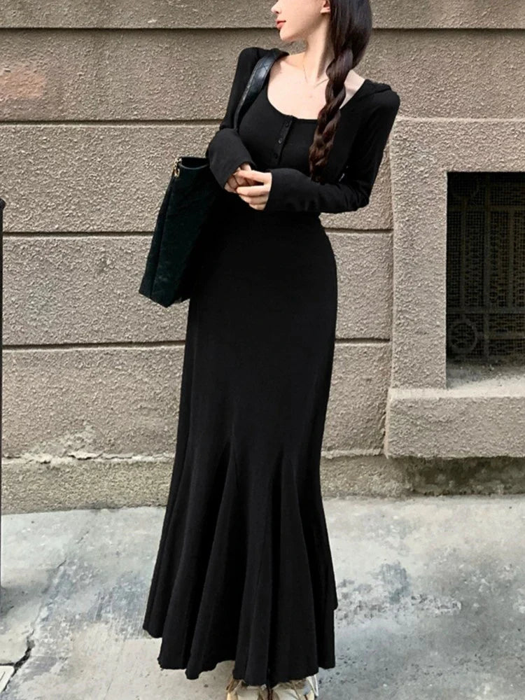 DressBetty - 2024 Sexy Solid Long Sleeve U-neck Mermaid Spring Bodycon Dress