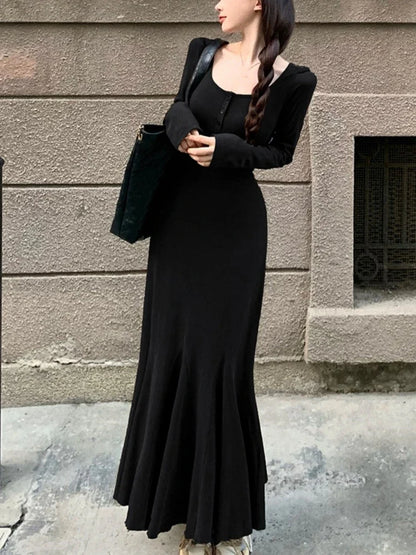 DressBetty - 2024 Sexy Solid Long Sleeve U-neck Mermaid Spring Bodycon Dress
