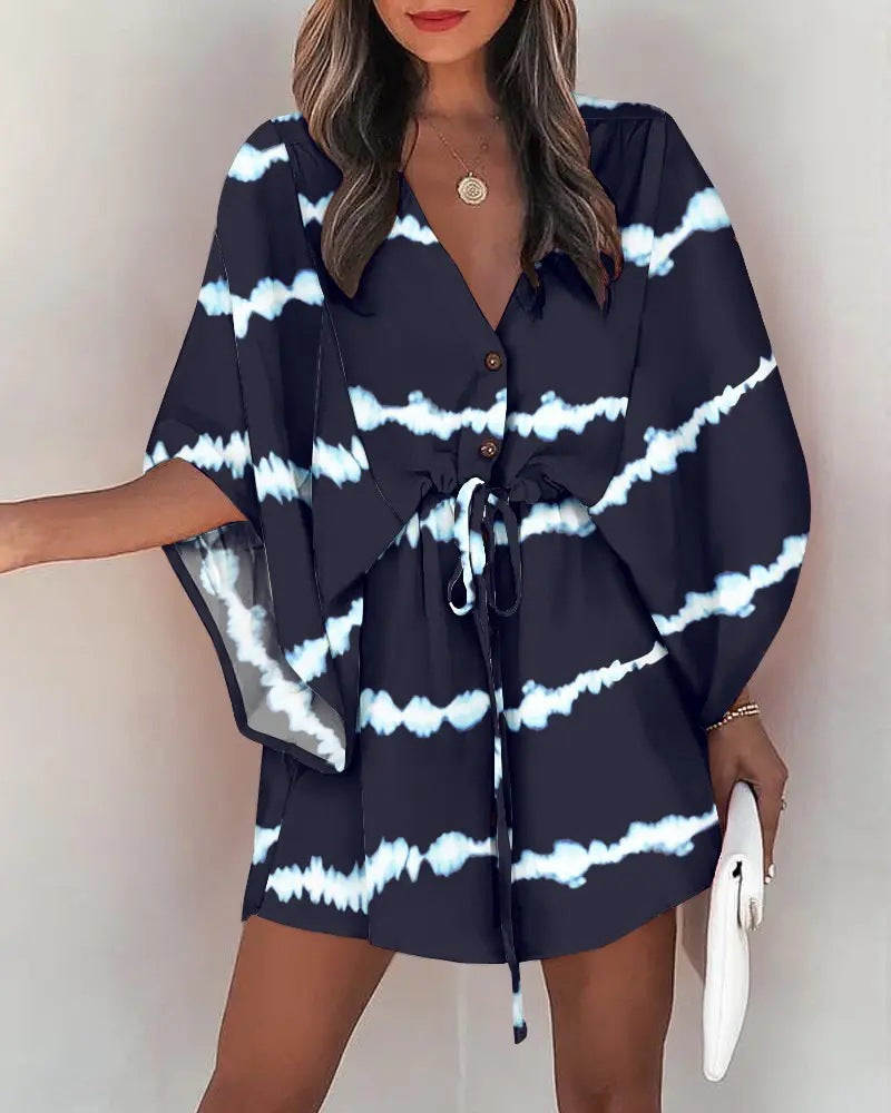 DressBetty - Casual Flora Print Batwing Sleeve Lace-Up Dress