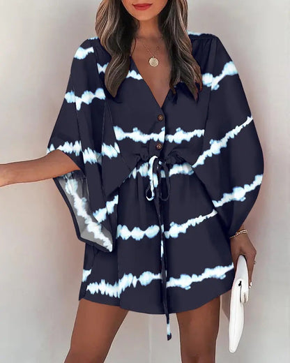 DressBetty - Casual Flora Print Batwing Sleeve Lace-Up Dress