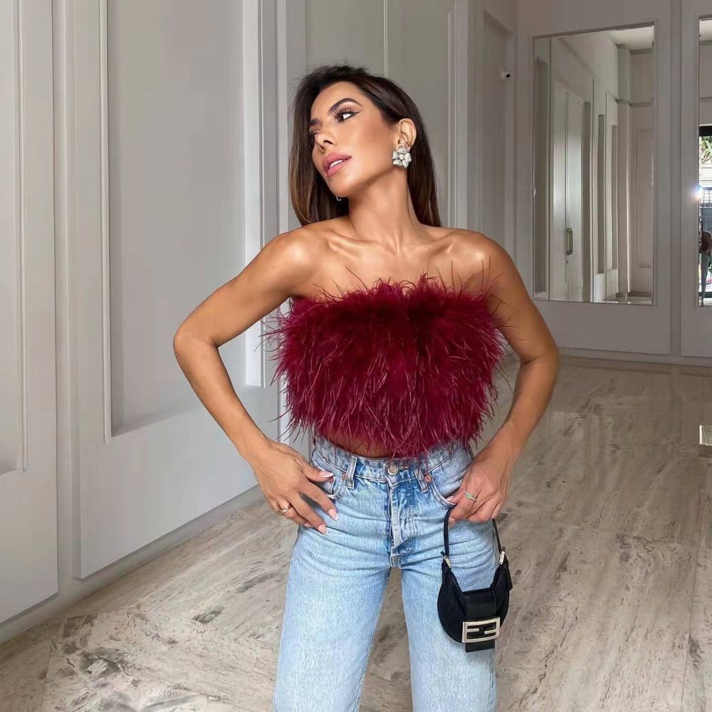 DressBetty - Faux Ostrich Feather Soft Fur Tank Short Vest Colorful Sexy Backless Nightclub Tube Top
