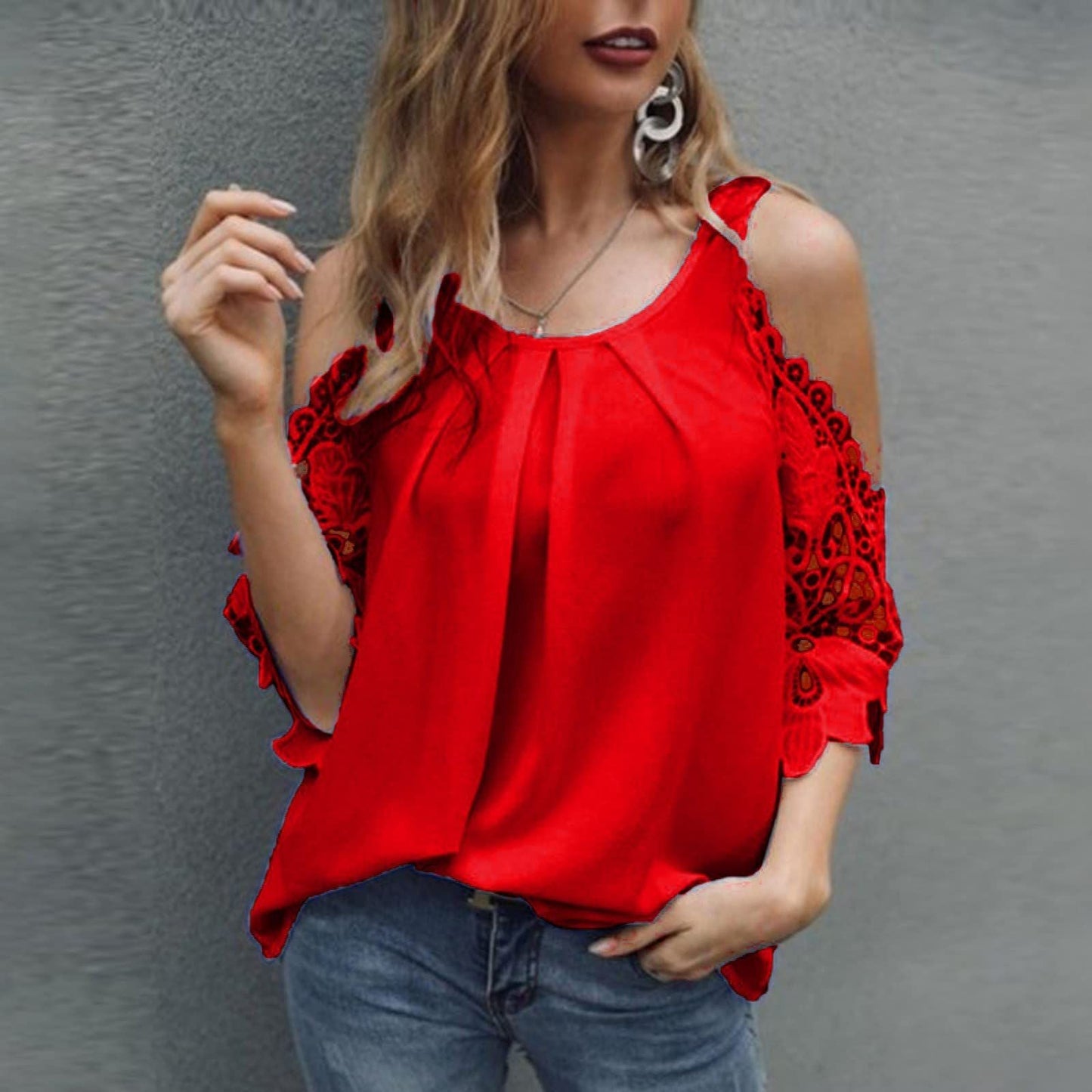 DressBetty - Off Shoulder Lace Blouse Women Summer Tops White Black Blouses O-Neck Solid Loose 5XL Clothes