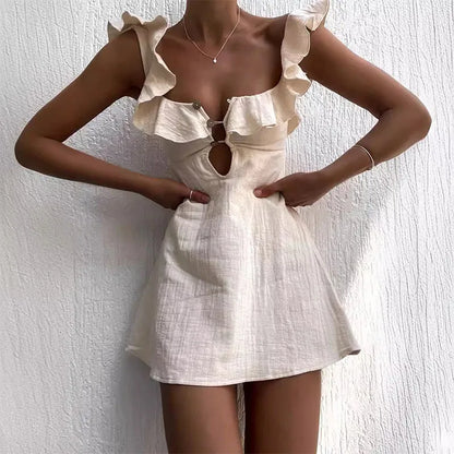 Hollow Ruffled Cotton Beach Gothic Mini Dress