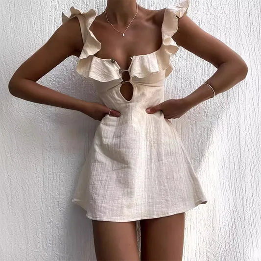 Hollow Ruffled Cotton Beach Gothic Mini Dress