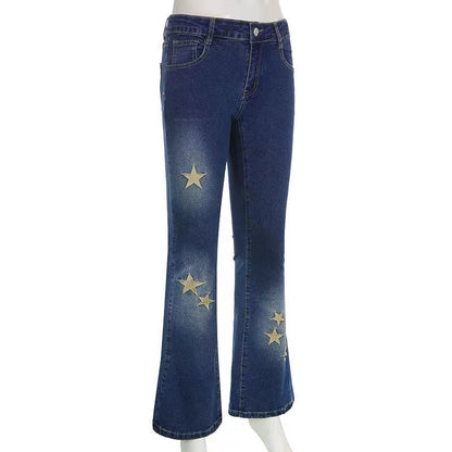 DressBetty - Star Printed Streetwear Vintage Low Waist Pockets Blue Denim Skinny Flare Jeans