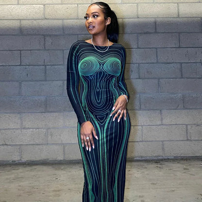 Striped See Through Bodycon Maxi Dress