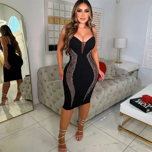 Diamond Patchwork Mesh Midi Dress