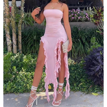 Floral Fold Hem Slit Strapless Mini Dress