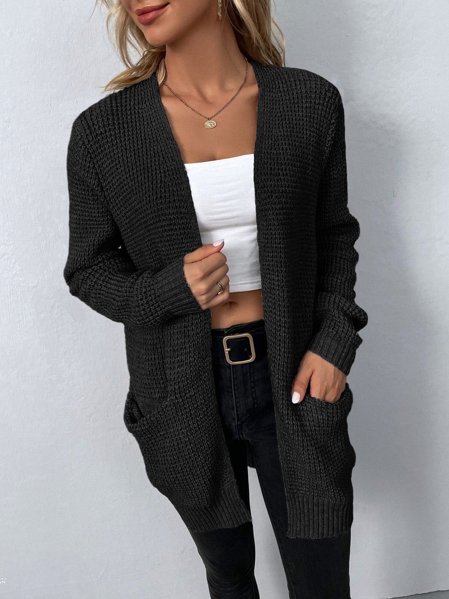 DressBetty - Solid Color Pockets Long Cardigan