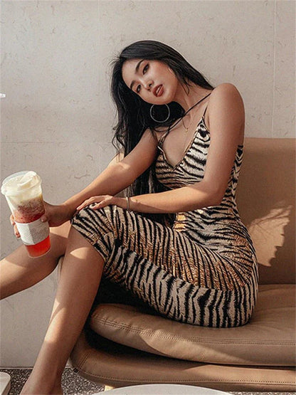 DressBetty - 2024 Tiger Print Spaghetti Strap V-Neck Party Clubwear Maxi Dress