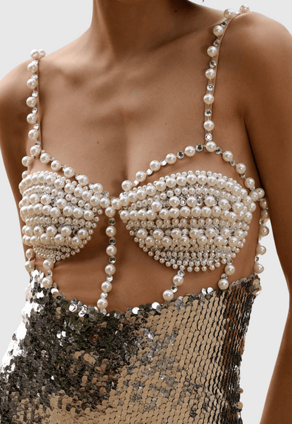 Sibilia Sequin Pearl Embeliished Midi Bandage Dress