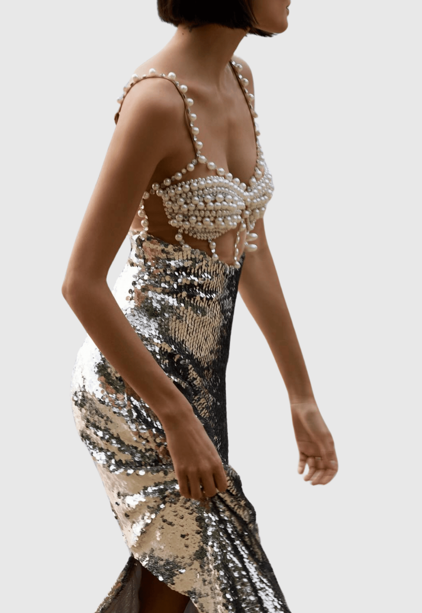 Sibilia Sequin Pearl Embeliished Midi Bandage Dress