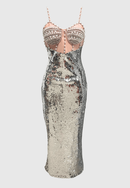 Sibilia Sequin Pearl Embeliished Midi Bandage Dress
