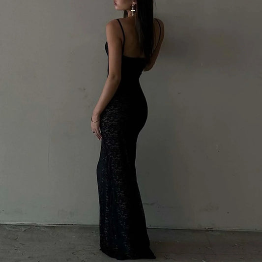 Elegant Solid Lace See Through Spaghetti Strap Sexy Backless Maxi Summer Party Dress