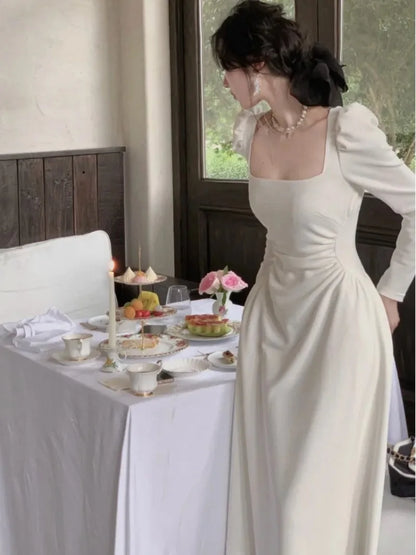 DressBetty - 2024 Spring Elegant Square Collar Black White Midi Dress
