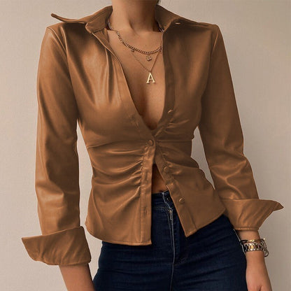 DressBetty - PU Leather Patchwork Blouse