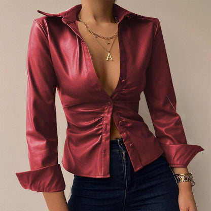 DressBetty - PU Leather Patchwork Blouse