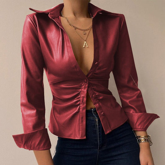 DressBetty - PU Leather Patchwork Blouse