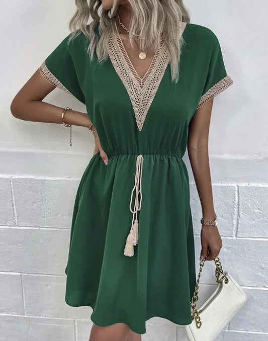 Lace V-Neck Panel Short Sleeve Midi Dress