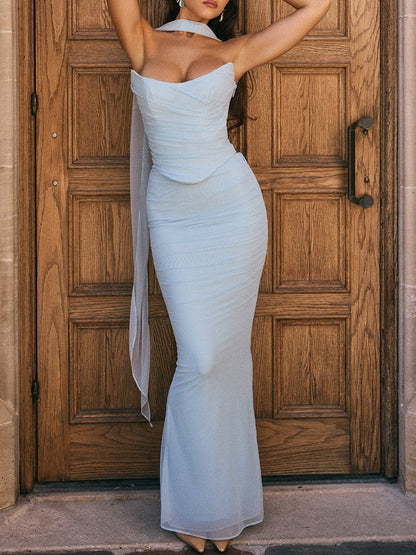 Strapless Corset & Fluted Hem Maxi Skirt Set