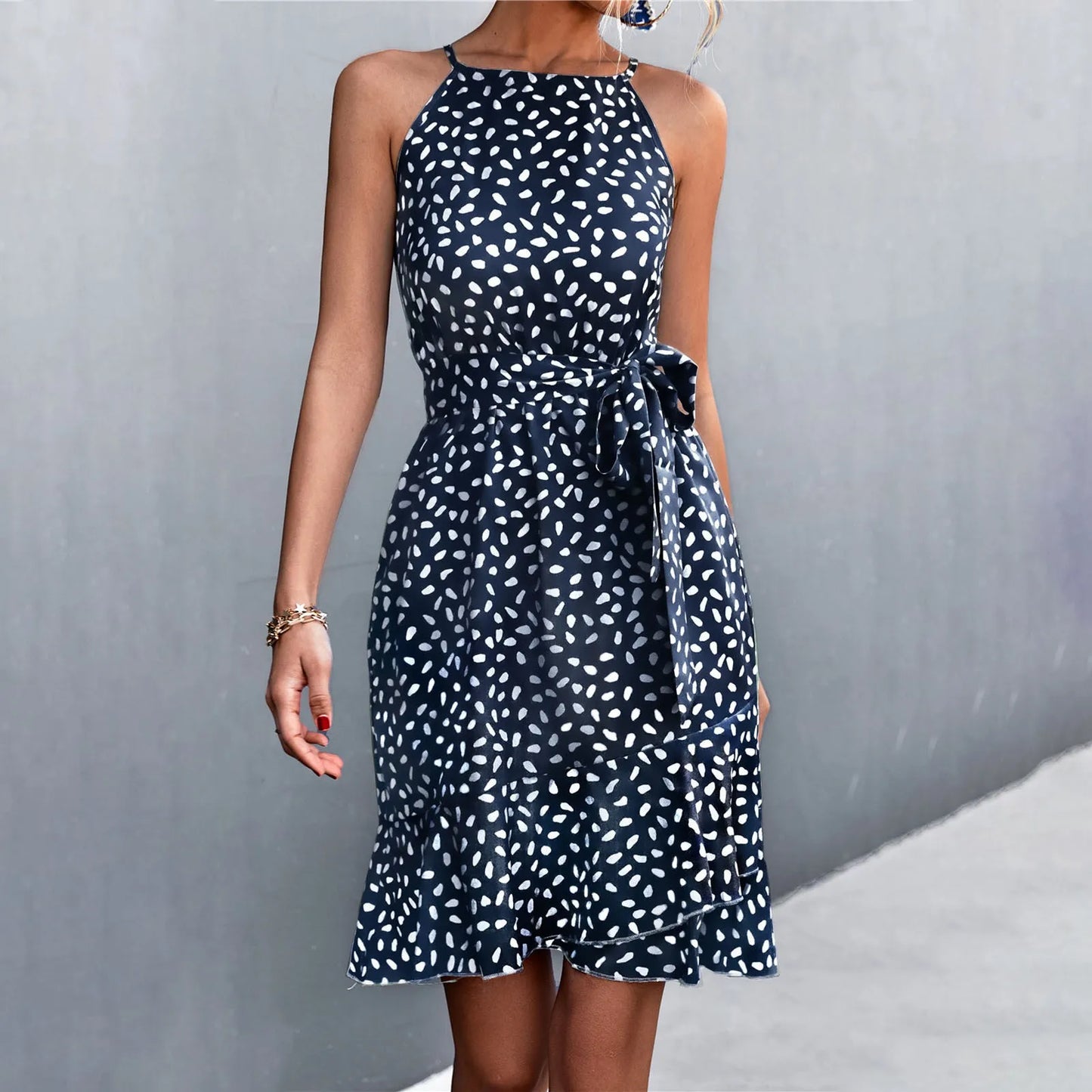 DressBetty - 2024 Boho Floral Print Sling Lace Up Belted Midi Dress