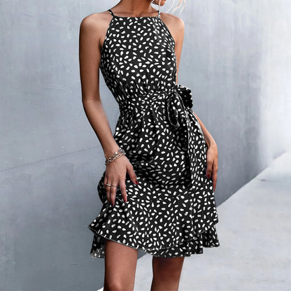DressBetty - 2024 Boho Floral Print Sling Lace Up Belted Midi Dress