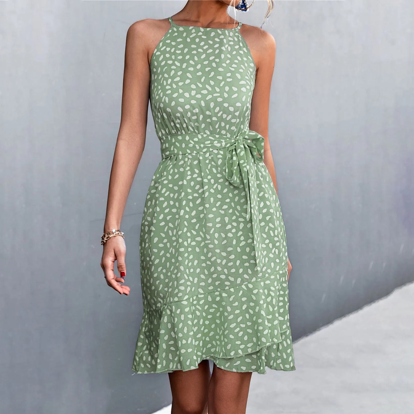 DressBetty - 2024 Boho Floral Print Sling Lace Up Belted Midi Dress