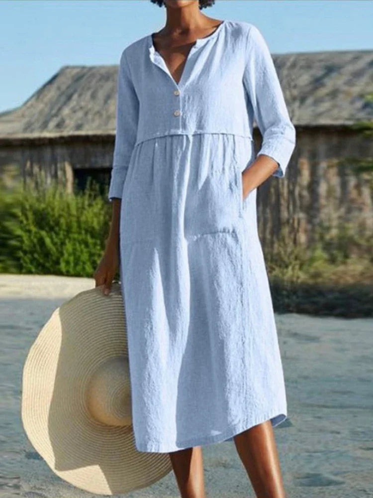 DressBetty - 2024 Solid Cotton Linen Half Sleeve Women's Boho Dress