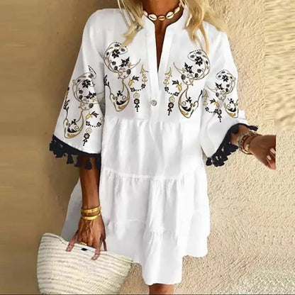 DressBetty - 2024 Beach V-neck Ruffle Floral Printed Short Boho Dress