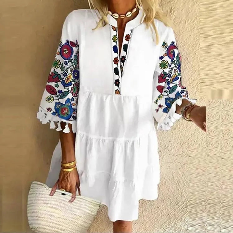 DressBetty - 2024 Beach V-neck Ruffle Floral Printed Short Boho Dress