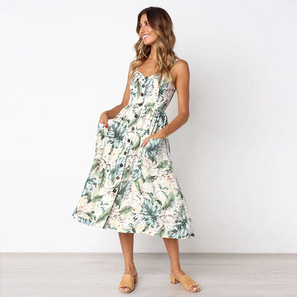 New Sexy Pocket Button Bohemia Retro Solid Women's Midi Dresses