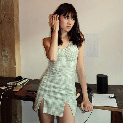 DressBetty - Summer Sexy Backless Plaid Dress