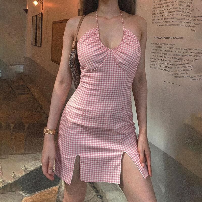 DressBetty - Summer Sexy Backless Plaid Dress
