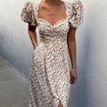 DressBetty - Midi Dress Vintage Floral Print Split Blue Sundress Elegant Party Beach Dress