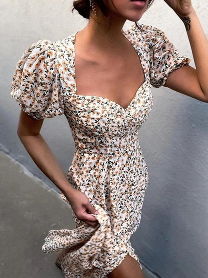 DressBetty - Midi Dress Vintage Floral Print Split Blue Sundress Elegant Party Beach Dress